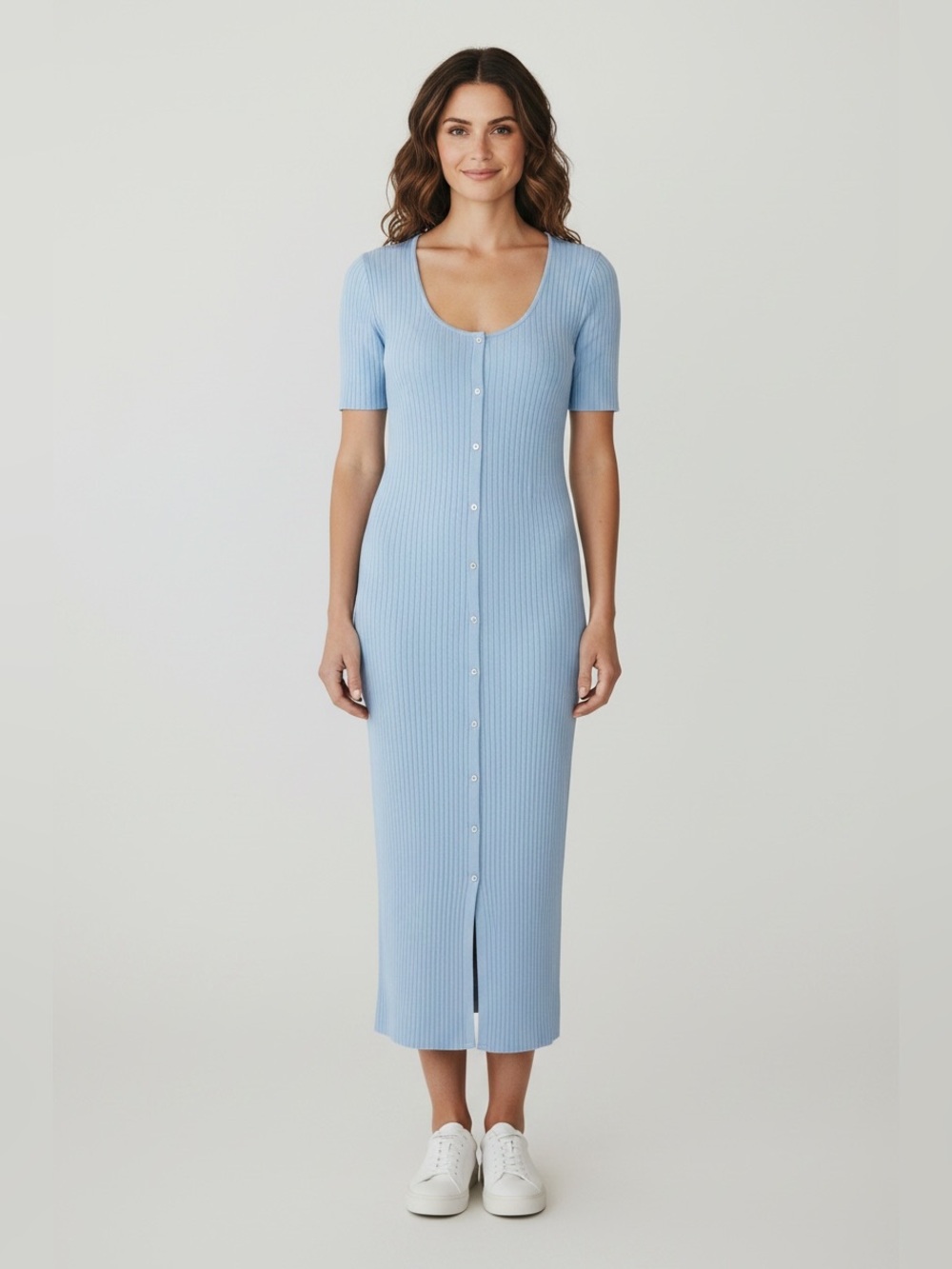 Zara NWOT Women’s Sky Blue Button-Down Ribbed Short Sleeve Midi Dress Size Large